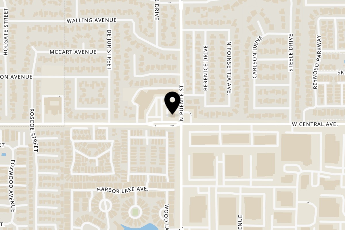 Map showing the location of John's Place Brea on 1201 W Central Ave in Brea